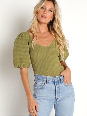 Nation LTD Olive Smocked Puff-Sleeve Top
